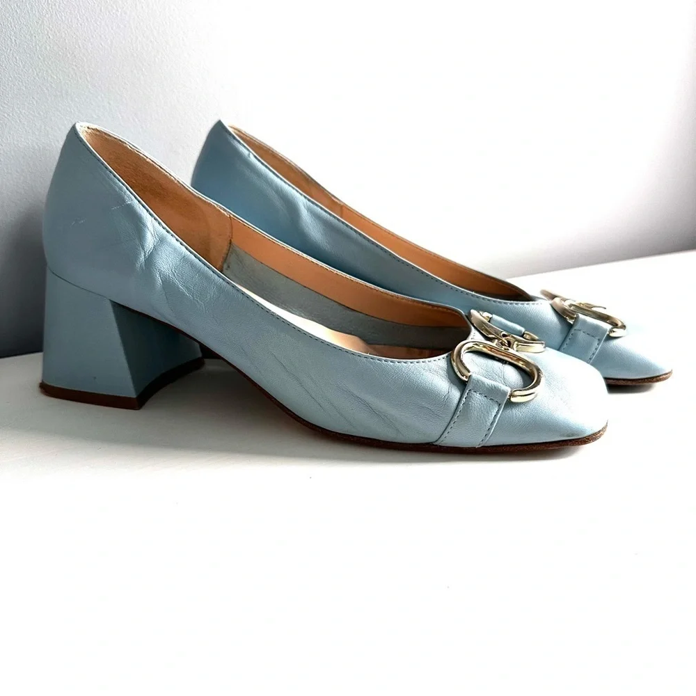 SCARLET Made in Italy, Low Block Heel, Leather, Baby Blue, Buckle Detail, Sz 8.5 - Picture 4 of 11